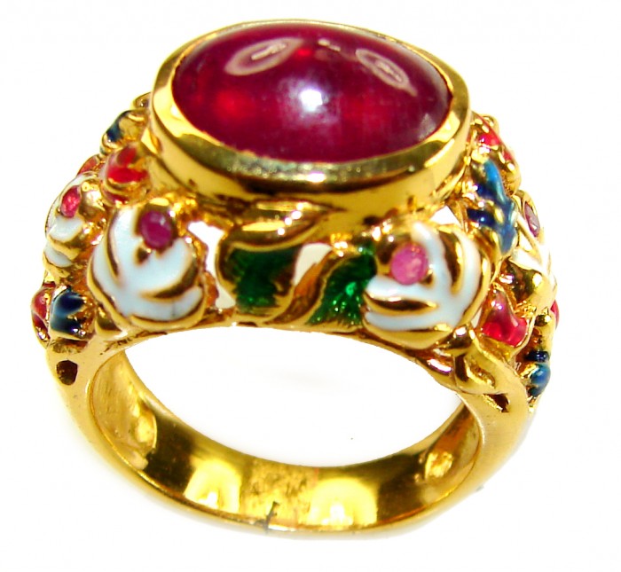 Divine Creation 10.5 carat Mozambique Ruby Enamel 18K Gold over .925 Sterling Silver handcrafted Ring s. 7 - Side view of 10.5 carat Mozambique ruby ring with enamel in 18K gold.