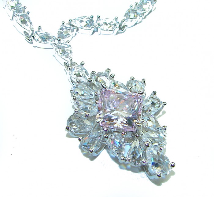 Isabella - Light Pastel 5.9 carat Kunzite .925 Sterling Silver handcrafted Statement Necklace - Kunzite pendant close-up with clear stones on sterling silver necklace.
