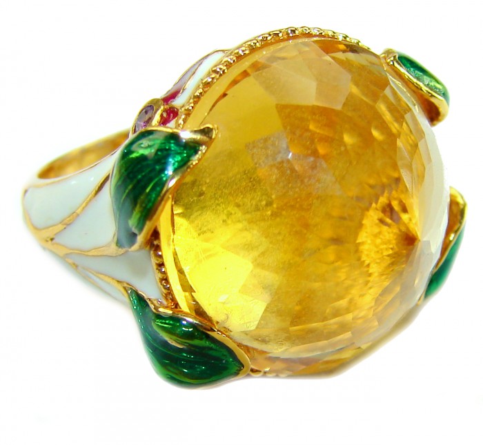 Natural 27.2 carat Brazilian Citrine white enamel .925 Sterling Silver dipped in 22K Gold handmade Statement Ring size 6 1/2 - Close-up of natural 27.2 carat Brazilian Citrine ring with enamel accents.