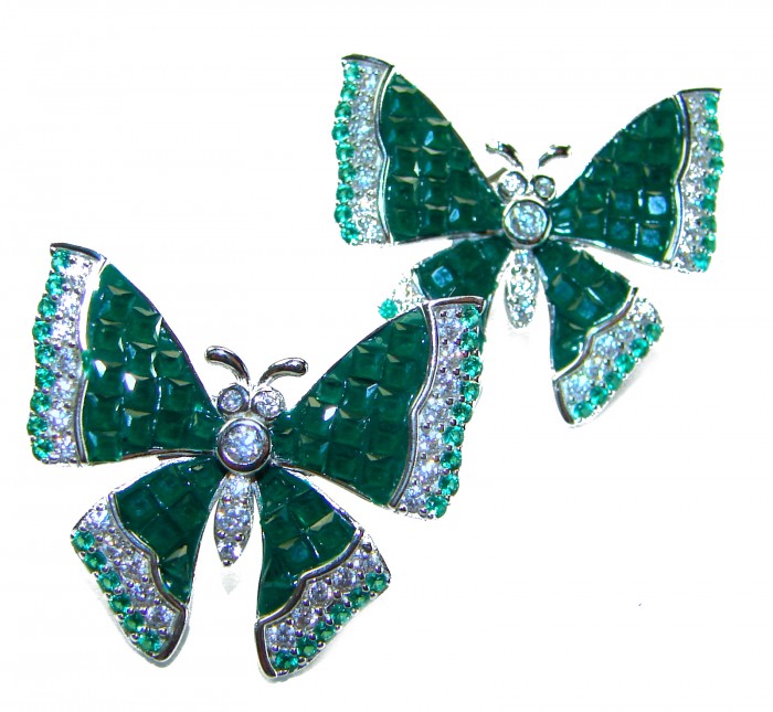 Incredible green Butterflies genuine 11.5 CARAT Emerald .925 Sterling Silver handcrafted Earrings - Two emerald butterfly brooches, top view, intricate design details