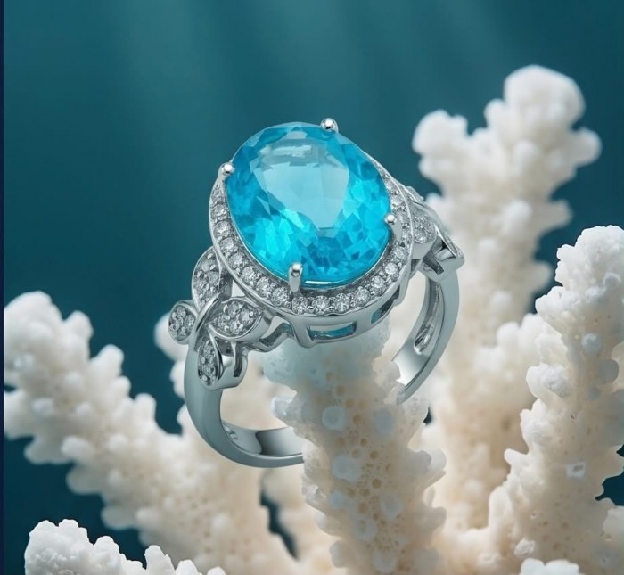 WONDERLAND 14.5 carat Paraiba Tourmaline .925 Sterling Silver Handcrafted Ring size 7 3/4 - Side view of a Paraiba Tourmaline ring on coral background.