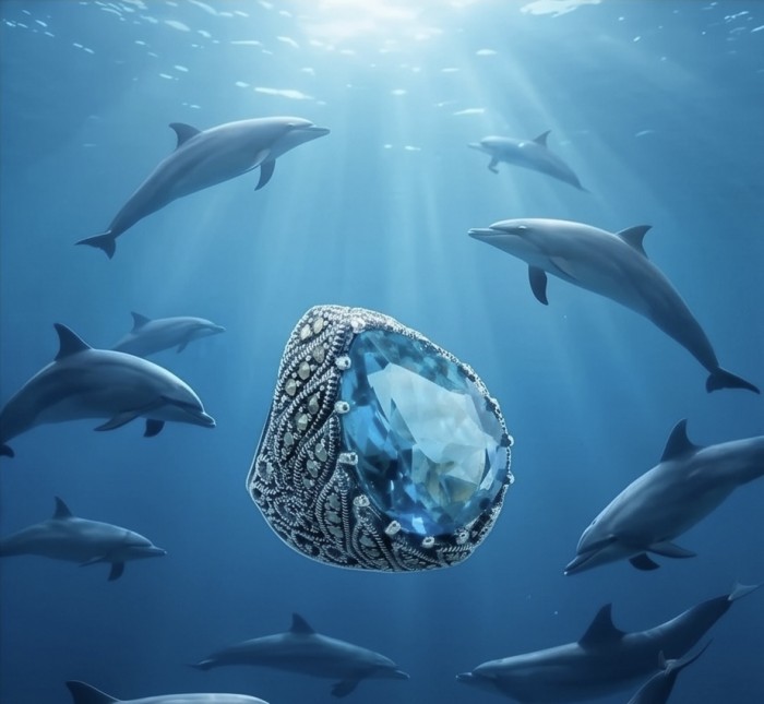 Massive Deep Blue 18.8 carat Aquamarine .925 Sterling Silver handcrafted ring size 7 - Aquamarine ring close-up with dolphins swimming around