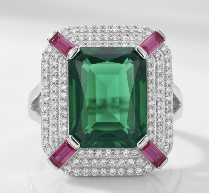 Art Deco 16.6 ctw Emerald .925 Sterling Silver handcrafted Statement Ring size 8 - Emerald ring close-up, Art Deco style, sterling silver, ruby accents