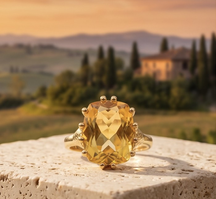 22.8 carat Genuine Heliodor 18K Gold over .925 Sterling Silver handcrafted ring size 10 - Close-up of 22.8 carat heliodor ring on stone background.