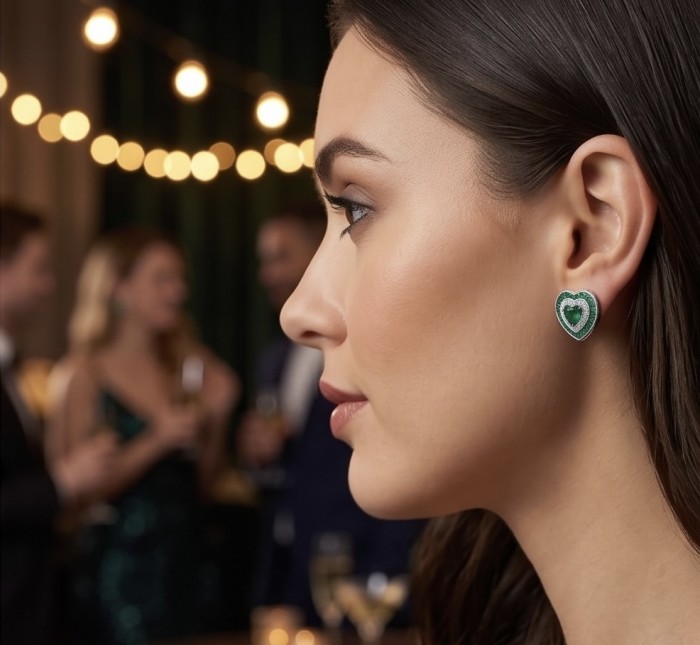 Art deco - My Sweet Heart Natural 2.8 carat Colombian Emerald .925 Sterling Silver Handcrafted Earrings - Side view of woman wearing art deco heart-shaped emerald earrings