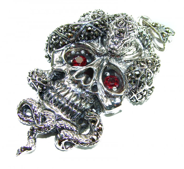 Huge Ghost Rider Ruby Authentic 5.8 carat Ruby Marcasite .925 Sterling Silver handcrafted Pendant - photo 2