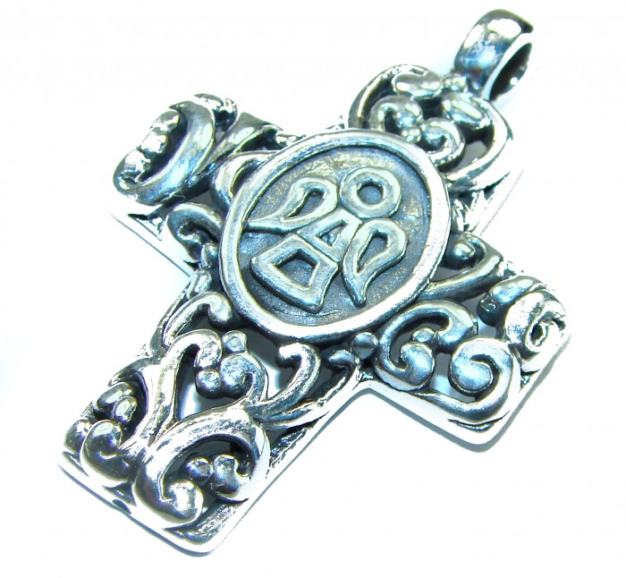 Protective angel - Holy Cross .925 Sterling Silver Pendant - Sterling silver angel cross pendant, front view, ornate design details.