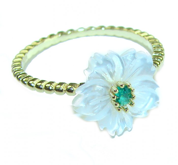 Luxurious Blister Pearl 14K Gold over .925 Sterling Silver brilliantly handcrafted ring s. 8 - Ring with flower-shaped pearl and emerald, angled view.