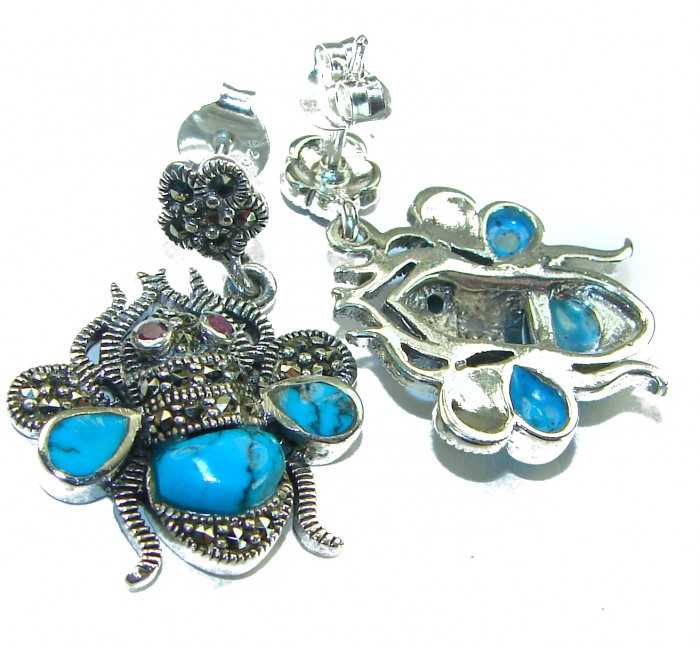 Blue Bees inlay Turquoise Ruby Marcasite .925 Sterling Silver Handcrafted earrings - Blue bees earrings close-up with turquoise and ruby stones