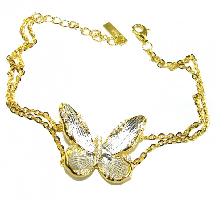 Golden Butterfly authentic 14k Gold over .925 Sterling Silver handcrafted Bracelet - Butterfly bracelet front view, gold and silver detailing