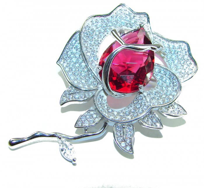 Retro Style - Precious Rose Genuine 18.5 carat Ruby .925 Sterling Silver handmade Pendant - Brooch - Top view of ruby and diamond flower brooch with silver stem.