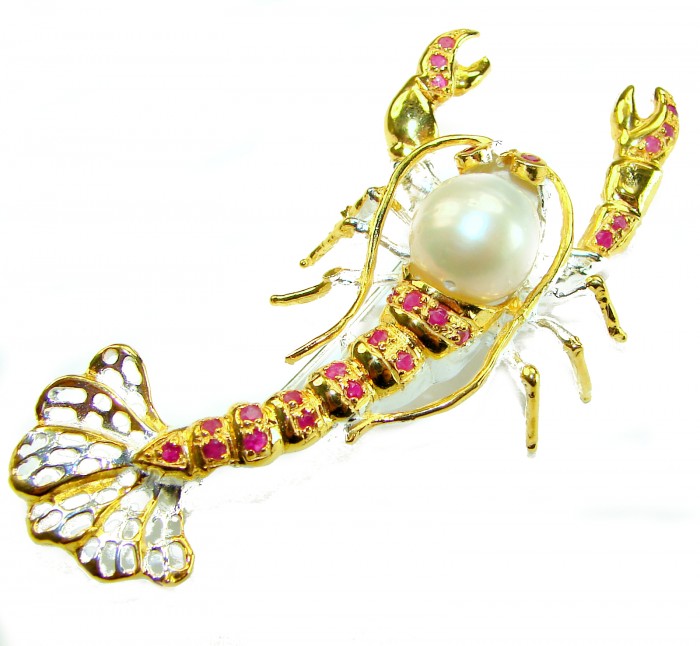 Precious Crayfish Natural Mother of Pearl Ruby 18K Gold over .925 Sterling Silver handmade Pendant Brooch - Crayfish brooch with pearl and rubies, angled top view.