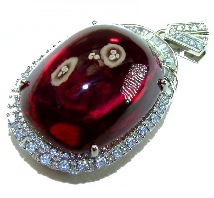 Rare finding! Deluxe 47.2 carat authentic Kashmir Ruby rhodium over .925 Sterling Silver handmade Statement Pendant - Close-up of 47.2 carat authentic Kashmir Ruby with diamond accents