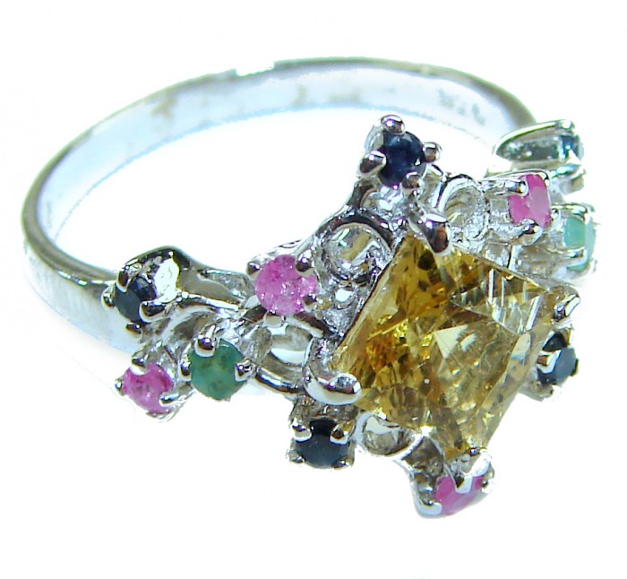 Golden Treasure 4.5 carat Citrine Amethyst .925 Sterling Silver Handcrafted Ring size 7 - Side view of Golden Treasure citrine ring with colorful gemstones