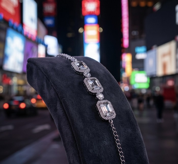 Mademoiselle 14.2 carat Moissanite .925 Sterling Silver Statement Bracelet - Mademoiselle bracelet, stone close-up, Times Square background