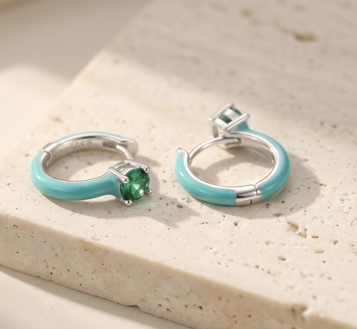 0.5 carat Emerald enamel .925 Sterling Silver handcrafted hoop earrings - Emerald earrings, enamel finish, .925 Sterling Silver, close-up view.