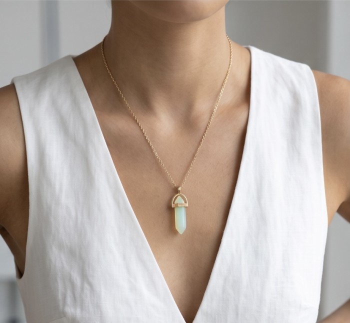 Incredible Design Opalite .925 Sterling Silver handmade Necklace - Worn opalite necklace on model with white V-neck dress.