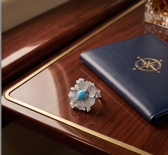 Pacifica - 3.4 carat Sleeping Beauty Turquoise .925 Sterling Silver handmade Statement Ring size 8 - Turquoise ring on table with blue notebook, side view.