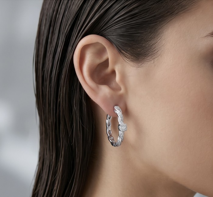 Elizabeth Natural 1.2 carat White Topaz .925 Sterling Silver handcrafted earrings - Side view of Elizabeth white topaz earring worn on ear.