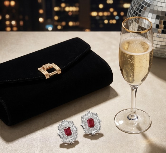 Art deco - Natural 0.7 carat Mozambique Ruby .925 Sterling Silver Handcrafted Earrings - Art deco ruby earrings and clutch with champagne glass at night.