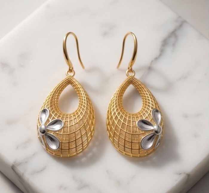 Dubai Style - Silver Flowers - .925 Sterling Silver dipped in 22K Gold handmade Large Earrings - Teardrop earrings with silver flowers, front view on marble background.