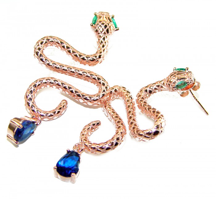 Golden Cobra Snakes 1.5 carat Sapphire 18K Rose Gold over .925 Sterling Silver earrings - photo 3