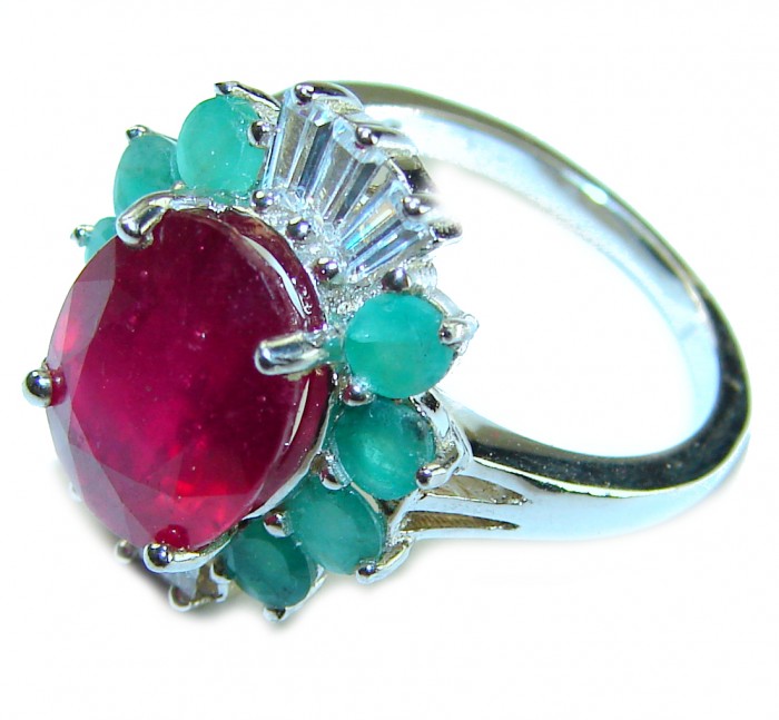 Art Deco Genuine 6.5 CARAT Ruby .925 Sterling Silver Statement Ring size 6 - Close-up of Art Deco ruby and turquoise ring in sterling silver.