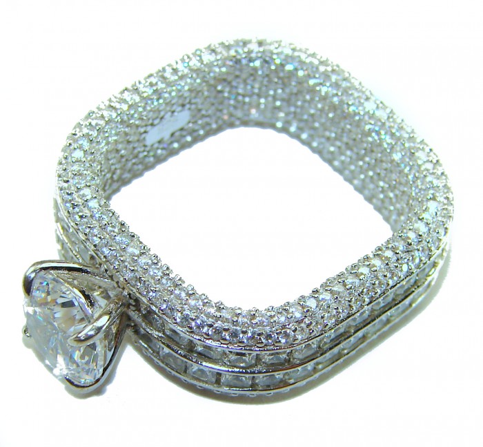 Large and Solid Luxurious 14.2 carat White Topaz .925 Sterling Silver handcrafted Ring s. 8 - Side view of large white topaz on sterling silver square ring.