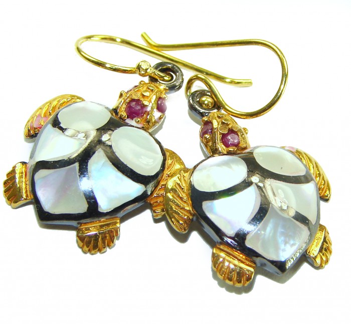 SEA TURTLES Style genuine Pearl 18K Gold over .925 Sterling Silver earrings - Turtle earrings, front view, 18K gold with pearl and gemstone accents.