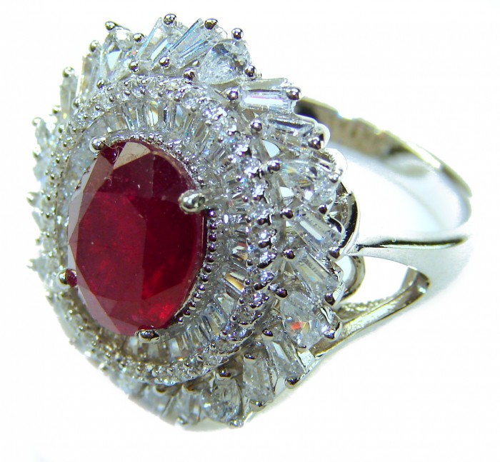Real Beauty Natural 3.9 carat Ruby .925 Sterling Silver handmade Statement Ring size 7 1/4 - Close-up of a 3.9 carat ruby ring in .925 sterling silver.