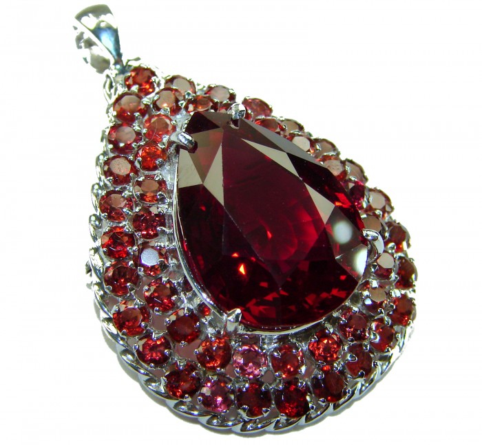 Rare finding! 27.2 carat authentic Kashmir Ruby rhodium over .925 Sterling Silver handmade Statement Pendant Brooch - Close-up of a 27.2 carat Kashmir Ruby pendant on rhodium setting.