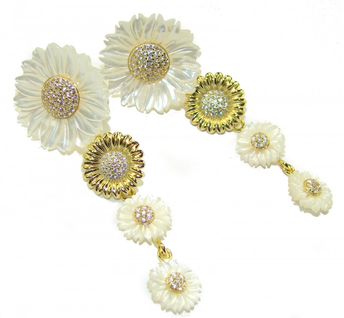 Sublime Flowers Blister Pearl 22K Gold over .925 Sterling Silver handcrafted Earrings - Elegant flower earrings with pearl and gold detail, front view.