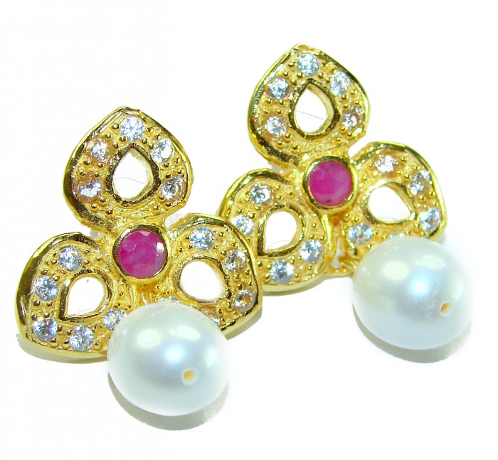 Magnificent Jewel 4.5 carat Ruby 14K Gold over .925 Sterling Silver handcrafted incredible earrings - Elegant earrings with rubies and pearls, front view.