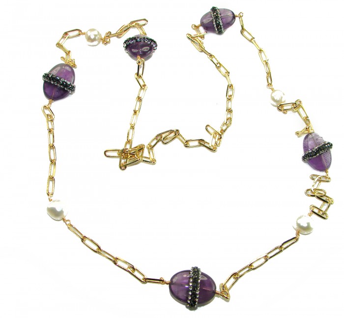 Natural Amethyst 14K Gold over .925 Sterling Silver handcrafted necklace, 32 inches - Amethyst necklace with gold links and pearls, top view.