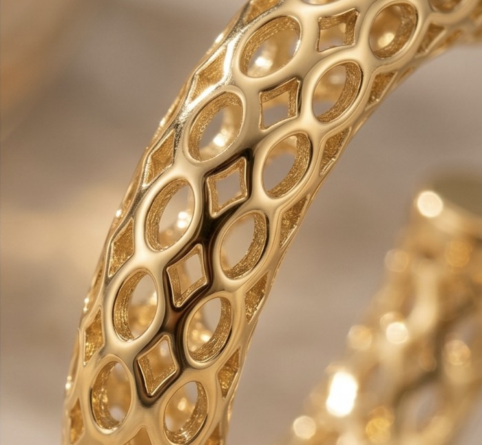Dubai Style - .925 Sterling Silver dipped in 22K Gold handmade Earrings - Close-up of gold-dipped sterling silver jewelry with intricate pattern.