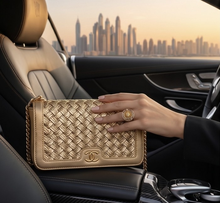 Dubai Style - .925 Sterling Silver dipped in 22K Gold handmade Large ring size 7 - Gold handbag and ring worn on hand in car interior, Dubai skyline.
