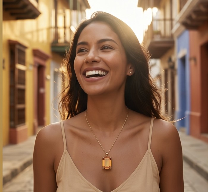 Luxury genuine 25.7 CARAT baquette cut Champagne Topaz .925 Sterling Silver dipped in 18K Gold handmade Pendant - Woman wearing luxury champagne topaz necklace in street setting