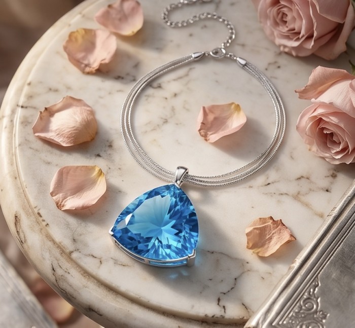 Trillion cut 21.2 carat Vintage style Swiss Blue Topaz .925 Sterling Silver DIPPED IN RHODIUM handmade Pendant - Top view of Swiss Blue Topaz necklace with pink roses and petals.