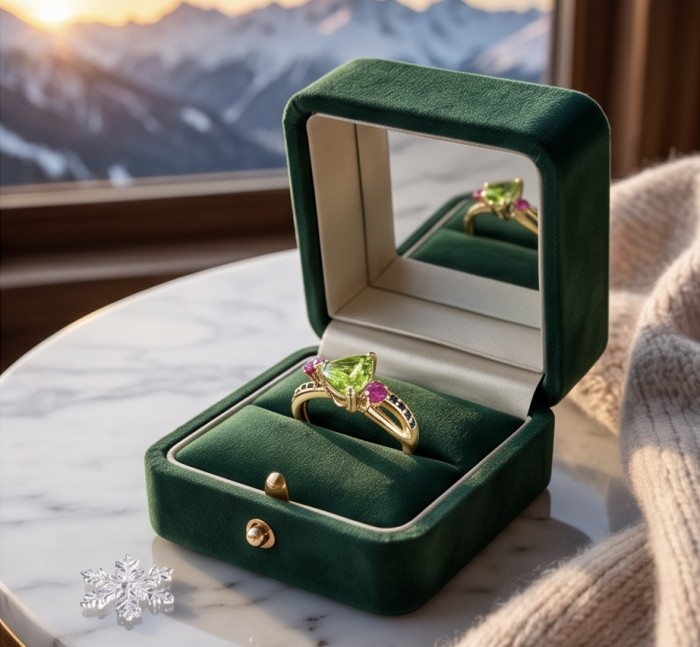 Stella 5.8 carat Swiss Blue Topaz .925 Sterling Silver dipped in 14K Gold handcrafted ring size 9 - Triangular gemstone ring in green velvet box, mountain view background