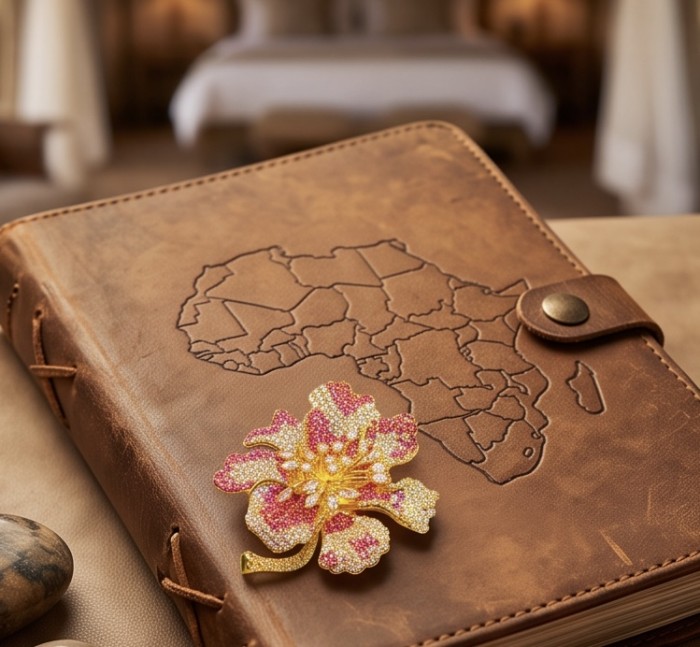 Heirloom Genuine 8.7 carat Kasmir Ruby .925 Sterling Silver dipped in 18k Gold handmade Pendant - Brooch - Leather journal with Africa map and ruby flower brooch on top, top view.