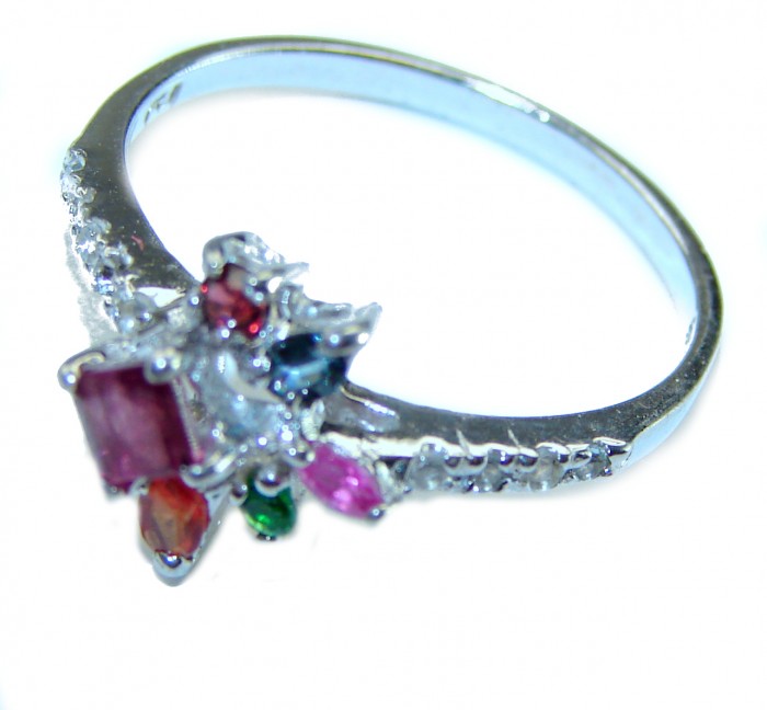 Authentic 2.3 carat Ruby Emerald Sapphire .925 Sterling Silver handmade Cocktail Ring s. 9 - photo 1
