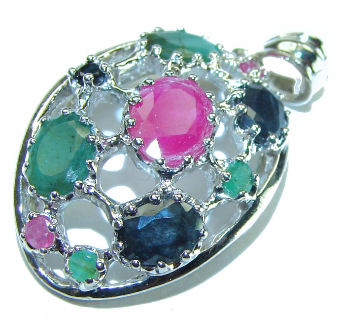 Precious Genuine 10.5 carat Emerald Ruby Sapphire .925 Sterling Silver handmade Pendant - photo 2