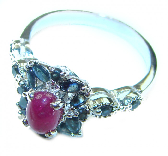 Pure Luxury 4.2 carat natural Ruby Sapphire .925 Sterling Silver Perfectly handcrafted Ring s. 8 - Side view of a ruby and sapphire sterling silver ring.