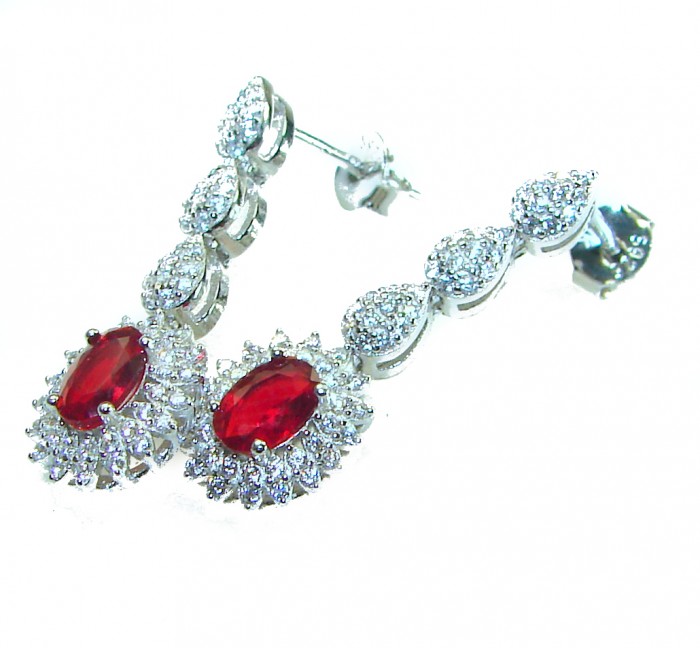 Pure Luxury 4.2 carat natural Ruby .925 Sterling Silver handmade Statement earrings - Dangling ruby earrings in side view with sterling silver setting.