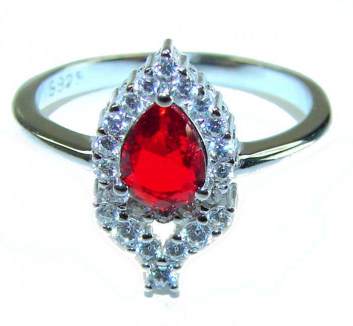 Spectacular Authentic 4.3 carat Ruby .925 Sterling Silver handmade Cocktail Ring s. 8 - Pear-cut ruby ring with diamond halo, front view, sterling silver.