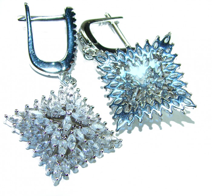 Allure Natural 16.2 carat White Topaz .925 Sterling Silver handcrafted earrings - Close-up of Allure 16.2 carat white topaz earrings in sterling silver