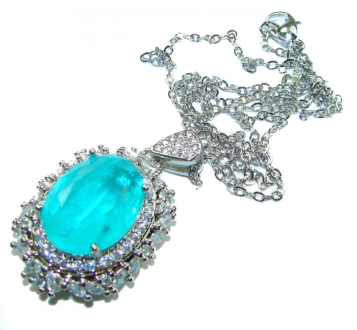Rio Grande do Norte - Brazilian's Briliance - oval cut 15.5 carat Paraiba Tourmaline .925 Sterling Silver handcrafted necklace - Silver necklace with large oval blue stone and diamond accents, chain view