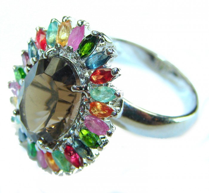 Serenity 10.5 carat Champagne Smoky Topaz .925 Sterling Silver HUGE Ring size 8 1/2 - Side view of Serenity ring with colorful gemstones on sterling silver band