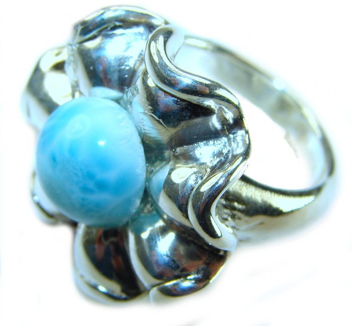 Large 8.2 carat Blue Perfection Blue Larimar .925 Sterling Silver handmade Large ring size 8 - Close-up of large blue Larimar stone in sterling silver setting.