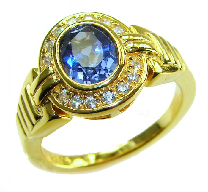 Born to Glam 4.1 carat natural Tanzanite .925 Sterling Silver dipped in 18K Gold Perfectly handcrafted Ring s. 7 - Gold ring with tanzanite and diamonds, side view.